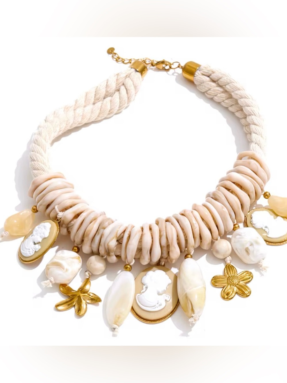 Beige Shell Statement Necklace with Gold Accents
